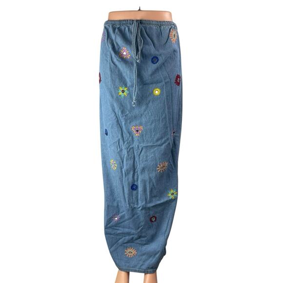 Zara Women's Blue Floral Embroidered Elastic Waist Denim Jeans Maxi Skirt Size S - Picture 1 of 6